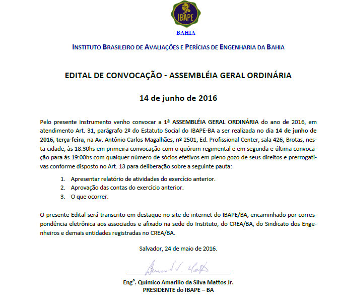 EDITAL DE CONVOCAÇÃO | Assembléia Geral Ordinária